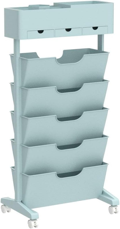 Rolling Bookshelf Cart with Wheels, 6 Tier Movable Bookshelf for Storage, Portable Bookshelf on Wheels for Kitchen Bathroom Office, Slim Book Cart, Off White