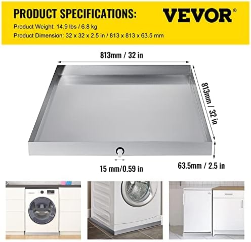 VEVOR 32 x 30 x 2.5 Inch Washing Machine Pan 18 GA Thickness Galvanized Steel Heavy Duty Compact Washer Drip Tray with Drain Hole & Hose Adapter