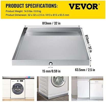 VEVOR 32 x 30 x 2.5 Inch Washing Machine Pan 18 GA Thickness Galvanized Steel Heavy Duty Compact Washer Drip Tray with Drain Hole & Hose Adapter