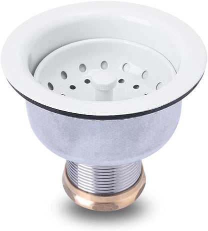 3-1/2 Deep Cup Kitchen Sink Drain Assembly, 304 Stainless Steel Construction With Fixed Post Basket and Long Extended Shank/CAS Approved and White Finish