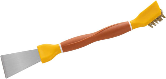 Multipurpose Kitchen Cleaning Brush with Stiff Bristles and Double-Ended Stainless Steel Scraper, Heavy-Duty Stove Cleaner for Gas Burners and Refrigerator Defrosting, Yellow