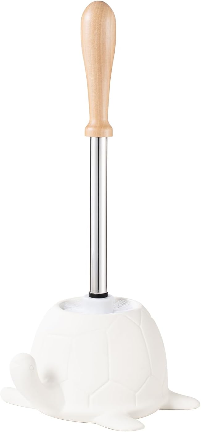 Toilet Brush and Holder Set, Ceramic Turtle Base Toilet Brush Set - 7.5” Bowl Cleaner, Toilet Scrubber Brush with Ergonomic Handle (Silver)
