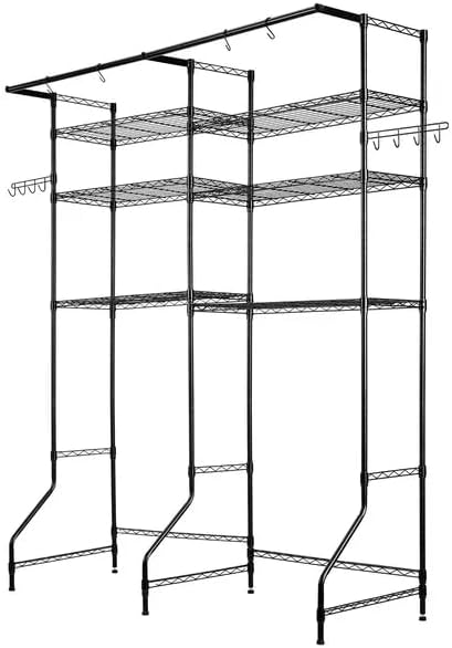 Over the Washer and Dryer Storage Shelf, 6-Tier Laundry Room Organizer with Hanging Rod & Hooks, Adjustable Heavy Duty Carbon Steel Space Saver Rack, Fits Most Washers and Dryers, Black (White)