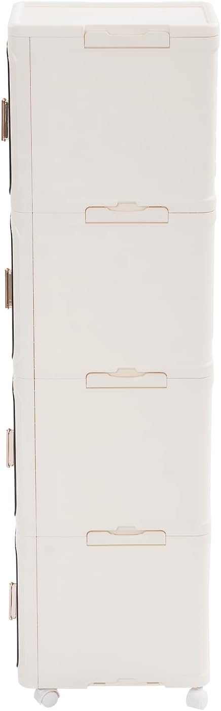 4-Tier Stackable Narrow Storage Cabinet with Wheels and Doors,Slim Plastic Rolling Cart with Adjustable Shelves,Foldable Floor Cabinets for Small Space, Bathroom,Kitchen,Beige