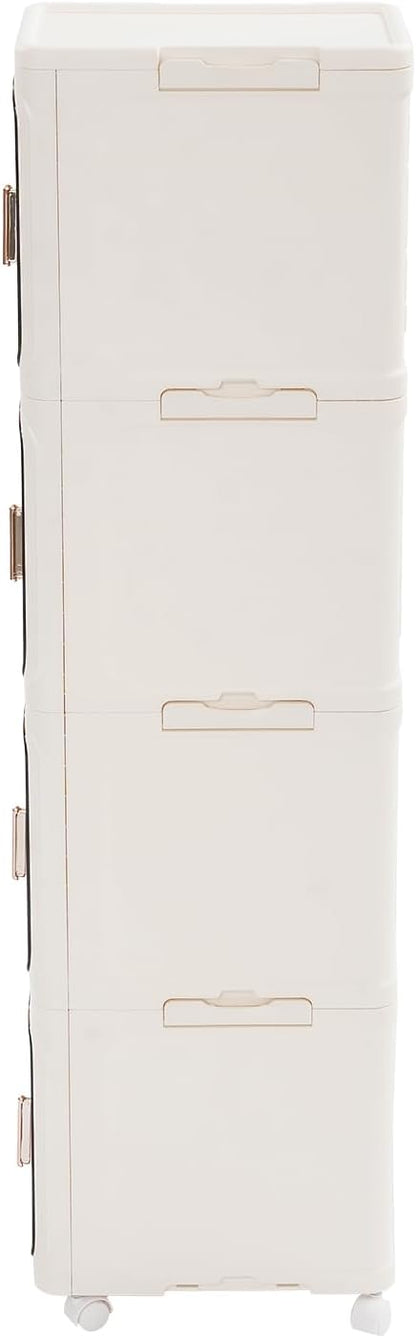 4-Tier Stackable Narrow Storage Cabinet with Wheels and Doors,Slim Plastic Rolling Cart with Adjustable Shelves,Foldable Floor Cabinets for Small Space, Bathroom,Kitchen,Beige