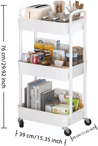 3-Tier Rolling Storage Cart with Wheels - Slim Mobile Utility Cart Organizer Rack, Space-Saving Multi-Functional Rolling Shelf for Kitchen, Bathroom, Laundry Room, Office, White