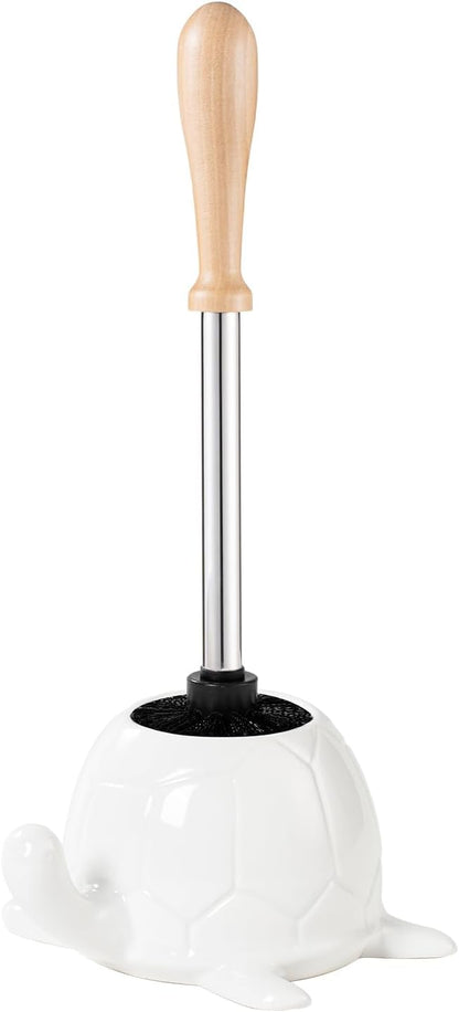 Toilet Brush and Holder Set, Ceramic Turtle Base Toilet Brush Set - 7.5” Bowl Cleaner, Toilet Scrubber Brush with Ergonomic Handle (Silver)