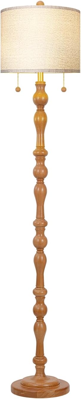 Scenekoy 65.5” Natural Real Wood Floor Lamp for Living Room Bedroom, Dual S Cluster Socket, Pull Chains Switch, Farmhouse Tall Standing Lamp with Linen Shade for Home Room Decor (Bulbs Included)