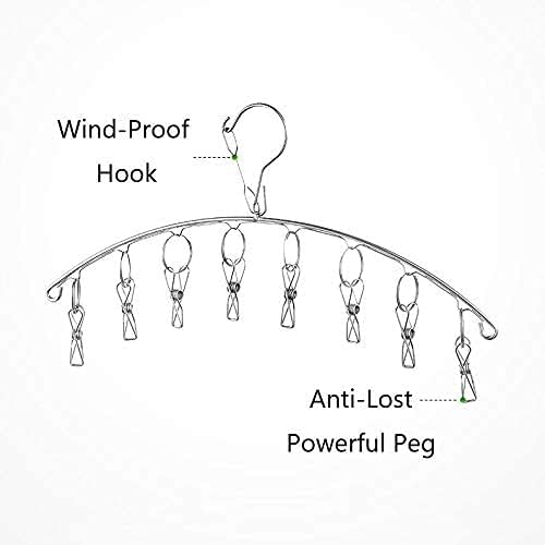 2Pcs Clothes Drying Hanger with 16 Clips, Stainless Steel Sock Air Drying Rack, Windproof Anti-Lost for All Small Laudry Item and Herbs