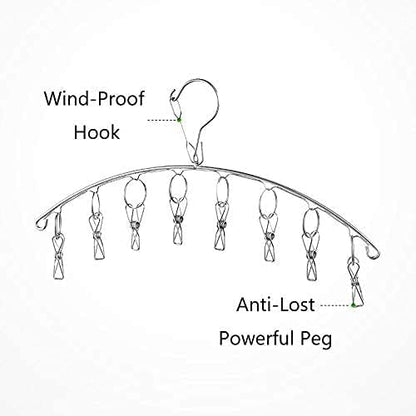 Stainless Steel Laundry Drying Rack Clothes Hanger with Windproof Hook,Underwear Hanger,Clothes Hangers with 8 Clips for Drying Socks,Diapers,Baby Clothes(2 Pack)