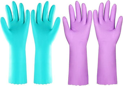 Elgood Reusable Long Sleeve Dishwashing Cleaning Gloves with Latex Free,Cotton Lining,Kitchen Gloves 2 Pairs,Purple+Blue M