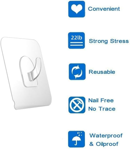 Ninth Five 30 Pack Adhesive Hooks for Hanging, 33lb Heavy Duty Wall Hooks, Clear Plastic Sticky Utility Hook for Home Kitchen Bathroom Office Use