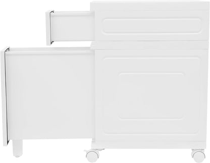 Narrow Bathroom Storage Cabinet with Drawers, 5.5" Slim Floor Standing Rolling Cart on Lockable Wheels, PP Unit with Toilet Paper Holder for Small Space, Kitchen, Laundry Room (3 Tier)