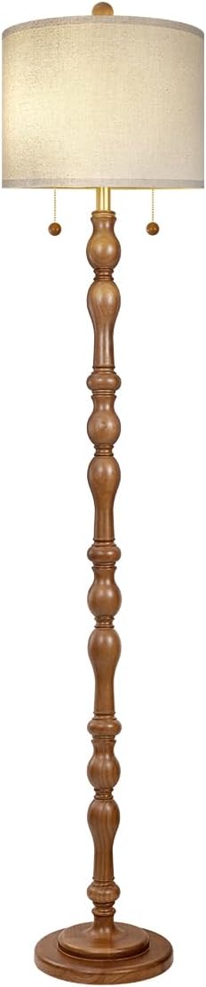 Scenekoy 65.5” Natural Real Wood Floor Lamp for Living Room Bedroom, Dual S Cluster Socket, Pull Chains Switch, Farmhouse Tall Standing Lamp with Linen Shade for Home Room Decor (Bulbs Included)