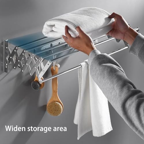 Stainless Steel Wall Mounted Towel Rack Clothes Airer Laundry Drying Rack Folding Adjustable Collapsible Space Saver Dryer Bath Towel Rail Bar with Hooks(Size:60cm)