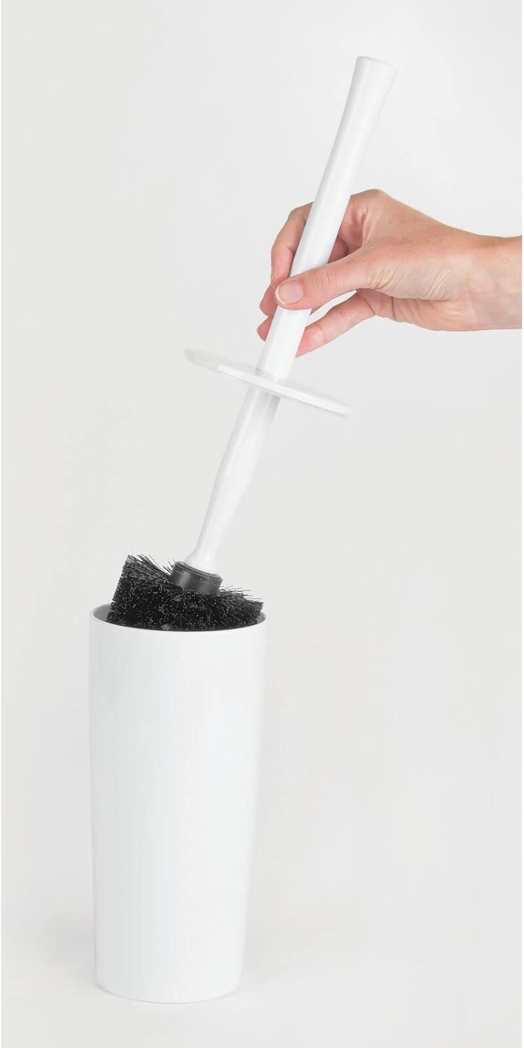 mDesign Slim Plastic Toilet Bowl Brush and Holder Set, Modern Compact Storage Organizer Cleaner Scrubber for Toilet - Heavy Duty Cleaning Plunger for Bathroom, Aura Collection - White