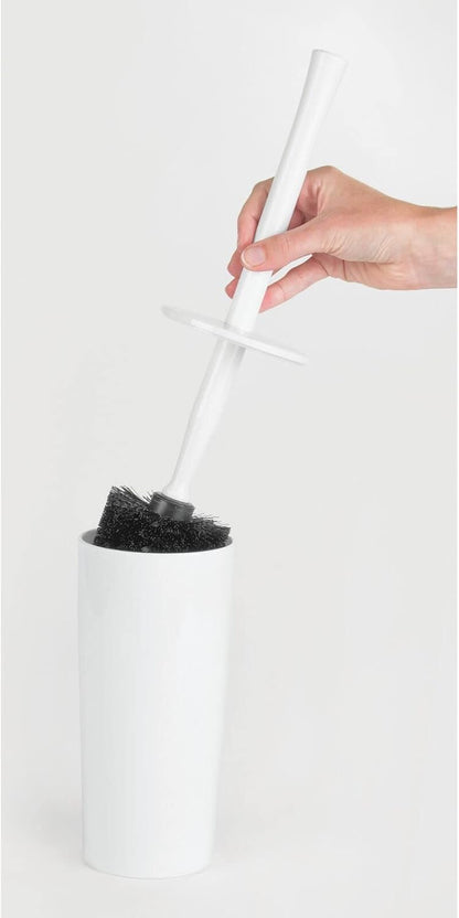 mDesign Slim Plastic Toilet Bowl Brush and Holder Set, Modern Compact Storage Organizer Cleaner Scrubber for Toilet - Heavy Duty Cleaning Plunger for Bathroom, Aura Collection - White