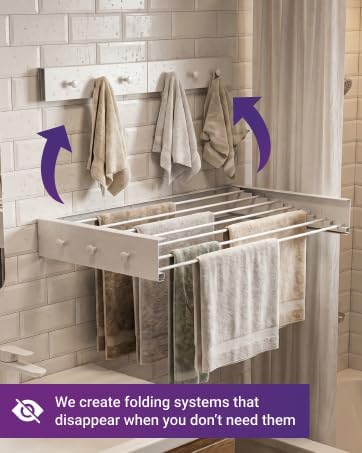 Wall Mounted Clothes Drying Rack - 31.5" Foldable Clothes Drying Rack Wall Mount, 5 Steel Rods With Knobs, Retractable Space-Saving Laundry Rack, Heavy Duty 60 lbs Capacity (Wall Template Included)