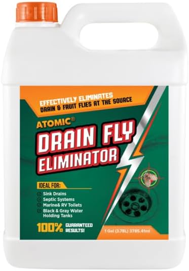Generic Atomic Fruit and Drain Fly Treatment. Eliminates Drain, Sewer and Fruit Flies in All Drain Pipes, Sinks and Black Water Holding Tanks. 1 Gallon Concentrate.