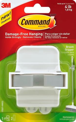 Command Broom Grippers, 2 Hangers and 4 Strips, Damage-Free Mop and Broom Holder Wall Mount, Household Cleaning Tool Organizer for Kitchen, Laundry Room, Closet, Holds up to 4 lb