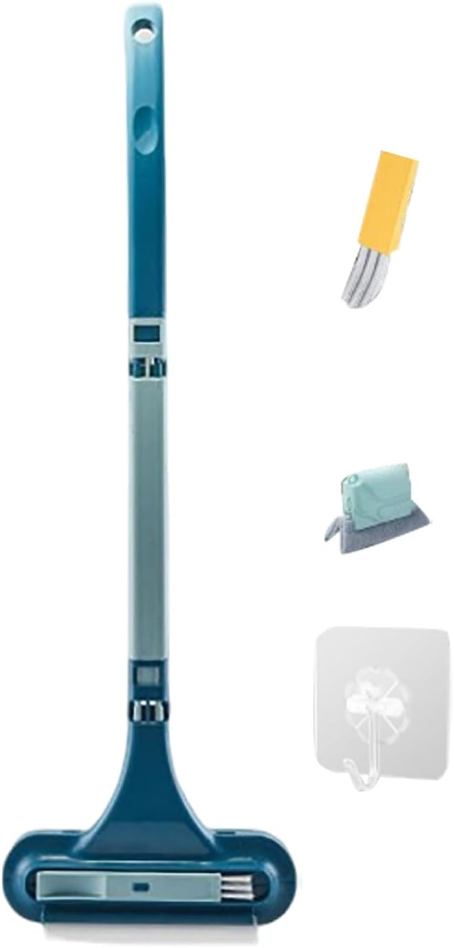 Window Screen Cleaning Brush with Long Handle, 3 in 1 Double-Sided Window Screen Cleaner, Dry＆Wet Long Handle Washable Cleaner Tool for Patio Door Screens (Blue)