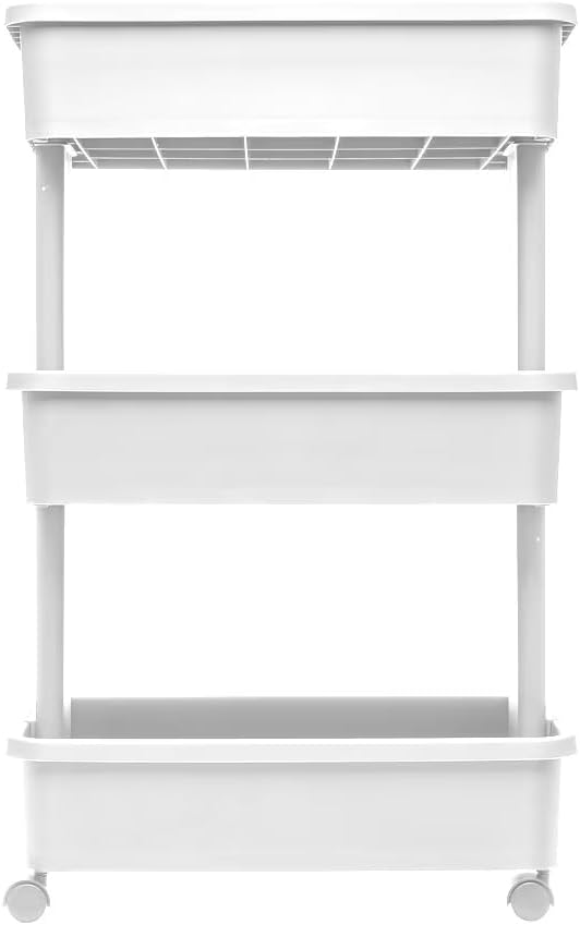 3-Tier Plastic Rolling Laundry Cart, Arctic White, Slim Slide Out Utility Storage Trolley with Lockable Wheels, Space Saving Organizer for Laundry Room, Bathroom, Narrow Gap, Bedroom