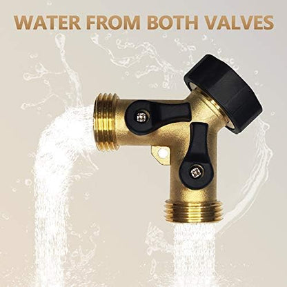 HQMPC Garden Hose Y Valve Splitter Brass Hose Splitter With Stainless Steel Long Handle Brass Garden Hose Adapter 2 Way Y Valve 3/4" GHT Thread 2pcs