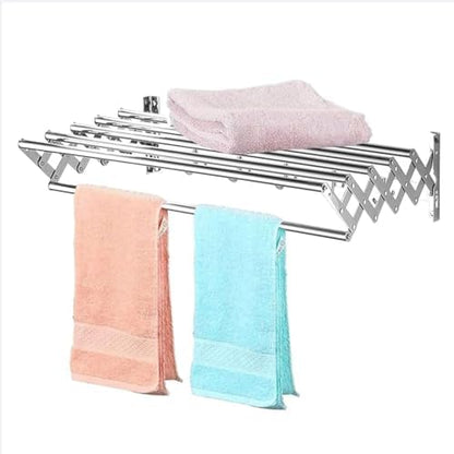 Stainless Steel Wall Mounted Towel Rack Clothes Airer Laundry Drying Rack Folding Adjustable Collapsible Space Saver Dryer Bath Towel Rail Bar with Hooks(Size:60cm)