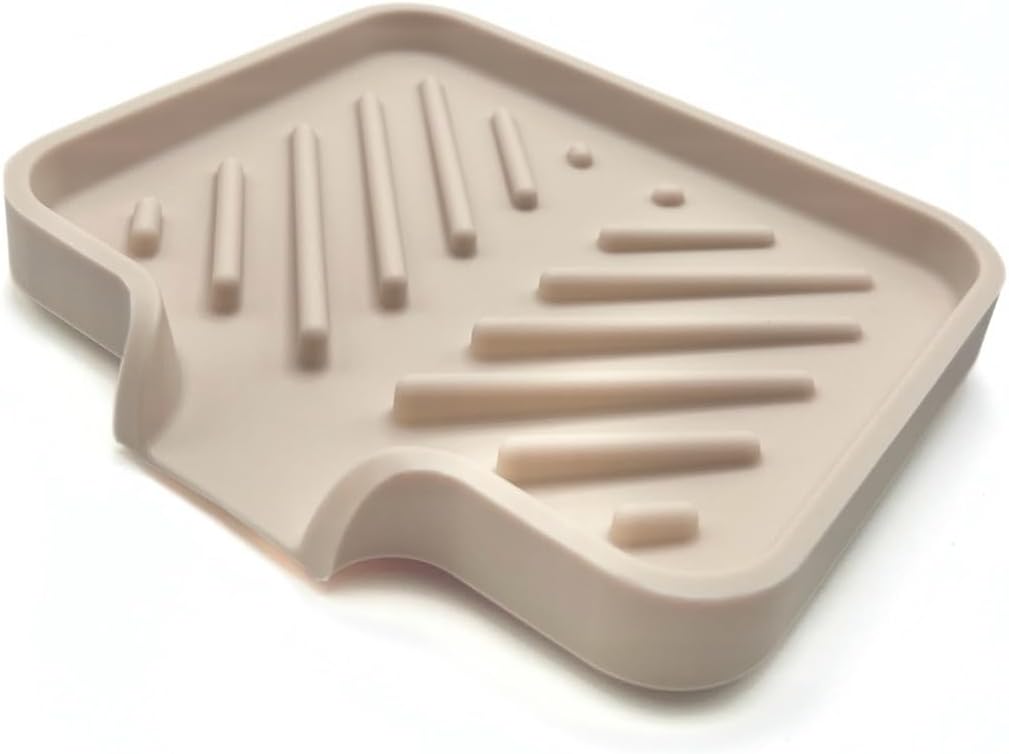 Silicone Soap Dish Tray and Sponge Holder with Drain Chute and Feet | 3-Way Sloped Design | Bathroom and Kitchen Sink Organizer Caddy (Black, 10"x4", 7.8 Ounces)