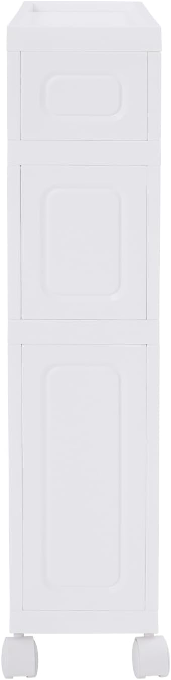 Narrow Bathroom Storage Cabinet with Drawers, 5.5" Slim Floor Standing Rolling Cart on Lockable Wheels, PP Unit with Toilet Paper Holder for Small Space, Kitchen, Laundry Room (3 Tier)