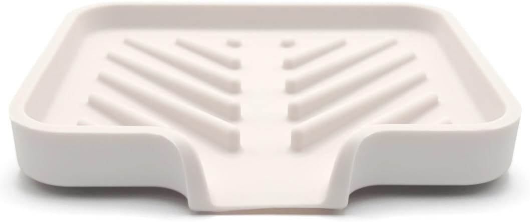 Silicone Soap Dish Tray and Sponge Holder with Drain Chute and Feet | 3-Way Sloped Design | Bathroom and Kitchen Sink Organizer Caddy (Black, 10"x4", 7.8 Ounces)