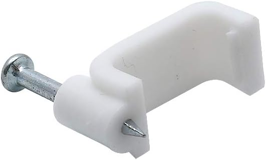 Flat Ethernet Cable Wire Clips with Nail, 14mm, White | Single Coaxial Cable Clamps, Cable Management