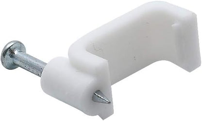 Flat Ethernet Cable Wire Clips with Nail, 14mm, White | Single Coaxial Cable Clamps, Cable Management