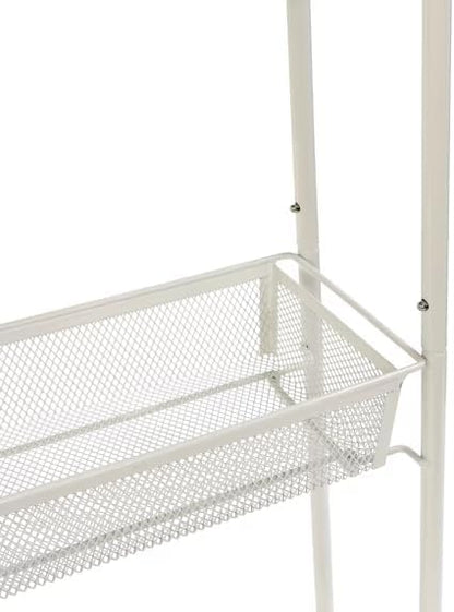 3 Tier Slim Rolling Storage Cart for Narrow Spaces, Metal Utility Organizer with Mesh Baskets, Lockable Wheels, Hanging Hooks, Rust-Resistant Finish for Bathroom, Laundry Room, Kitchen, White