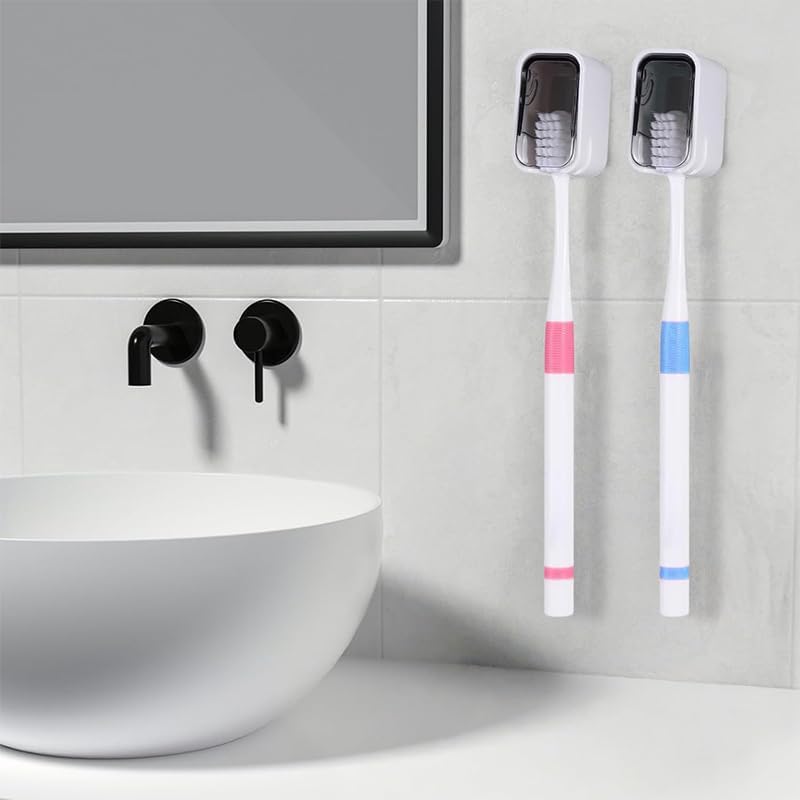 2PCS Toothbrush Holders for Bathrooms, Minimalist Wall-Mounted Organizer with Cover, Single Toothbrush Dispenser Storage Organizer for Space-Saving Countertop Solution for Home & Travel (White, Gray)