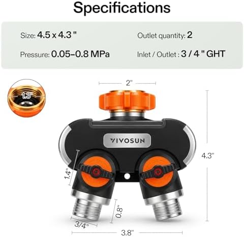 VIVOSUN Garden Hose Splitter 2 Way Heavy Duty, Upgraded Highly Durable Dual Water Hose Connector, Faucet Adapter with Comfortable Rubberized Grip for Drip Irrigation, Lawns