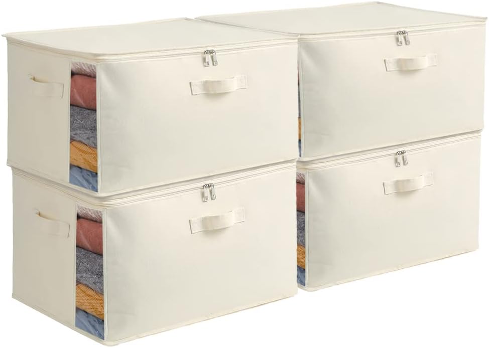 3-Pack Large Canvas Comforter Storage Bags for Clothes Sweater Clothes Organizer with Dual Zipper Three Carrying Handles for Blanket Closet Storage Container