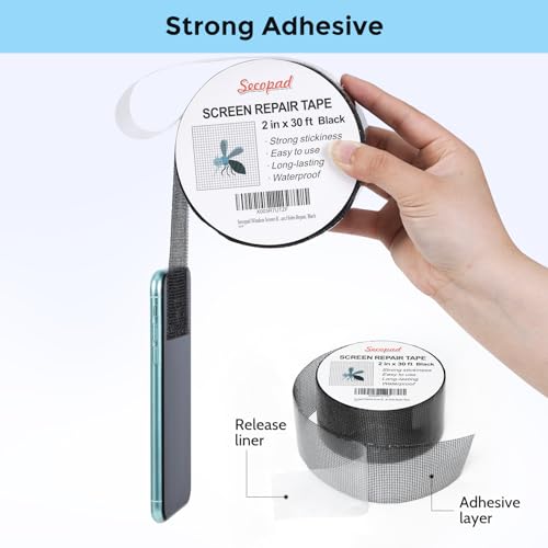 Secopad Black Window Screen Repair Tape, 4 in X 20 FT (240IN) Kit for Windows or Doors, Strong Adhesive Patch Fiberglass Mesh Repair