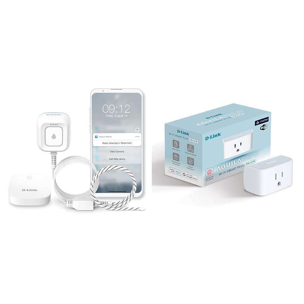Bundle of D-Link WiFi Water Leak Detector Kit (2 sensors) + Matter Smart Plug, Loud 100 dB Alarm, App Alert, LED Strobe Light, Expandable to 17 Locations, 1000ft Ultra-Long Range