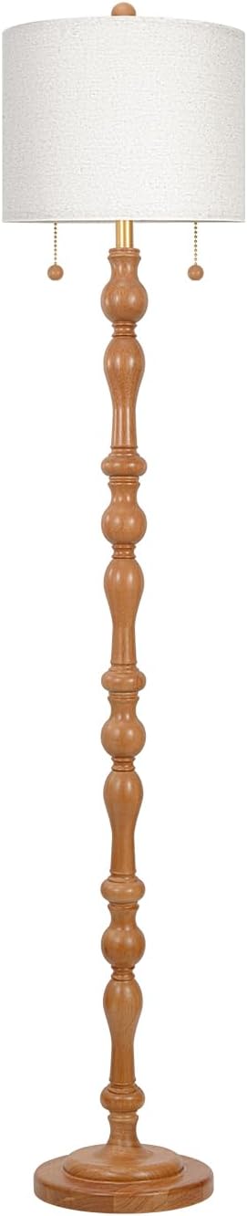 Scenekoy 65.5” Natural Real Wood Floor Lamp for Living Room Bedroom, Dual S Cluster Socket, Pull Chains Switch, Farmhouse Tall Standing Lamp with Linen Shade for Home Room Decor (Bulbs Included)