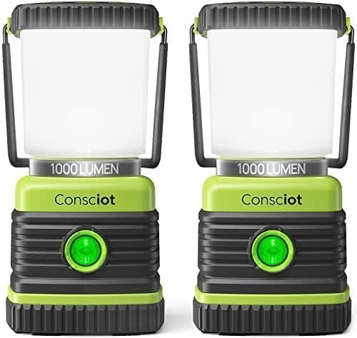 Consciot LED Battery Powered Camping Lantern, 1000LM, 4 Light Modes, IPX4 Waterproof Portable Tent Flashlight for Power Outages, Emergency, Hurricane, Hiking, Light Green, 2-Pack