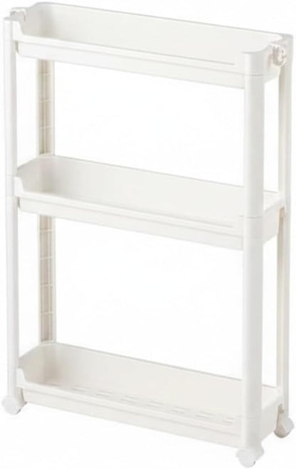 Slim Rolling Storage Cart, White | Plastic Utility Organizer, With Wheels, For Narrow Gaps, Kitchen and Bathroom