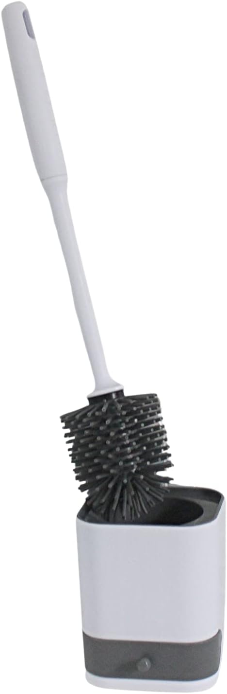 Silicone Toilet Brush with Holder – Wall-Mounted or Freestanding, No-Drill Adhesive Mount, Fast-Drying Ventilated Design with Drip Tray – Long Handle for Deep Cleaning, Compact for Small Bathrooms