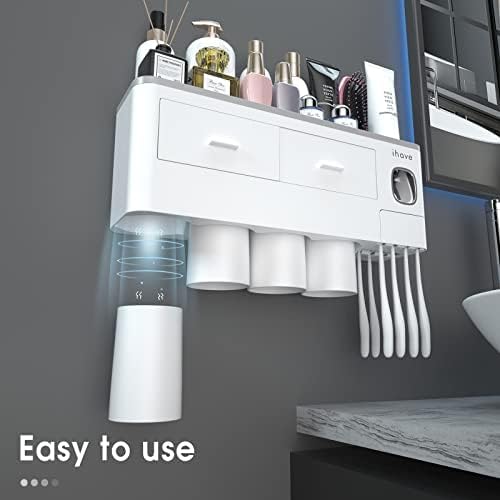 iHave Toothbrush Holders for Bathrooms, 2 Cups Toothbrush Holder Wall Mounted with Toothpaste Dispenser - Large Capacity Tray, Cosmetic Drawer - Tooth Brushing Holder & Bathroom Accessories