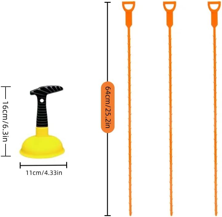 Sink Plunger with 3 Drain Clog Remover Tools – Compact Manual Plunger and Flexible Drain Snakes for Unclogging Bathroom, Kitchen, and Shower Drains