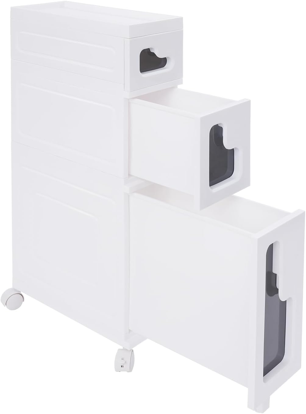 Narrow Bathroom Storage Cabinet with Drawers, 5.5" Slim Floor Standing Rolling Cart on Lockable Wheels, PP Unit with Toilet Paper Holder for Small Space, Kitchen, Laundry Room (3 Tier)