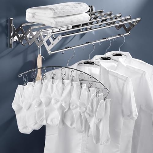 Stainless Steel Wall Mounted Towel Rack Clothes Airer Laundry Drying Rack Folding Adjustable Collapsible Space Saver Dryer Bath Towel Rail Bar with Hooks(Size:60cm)
