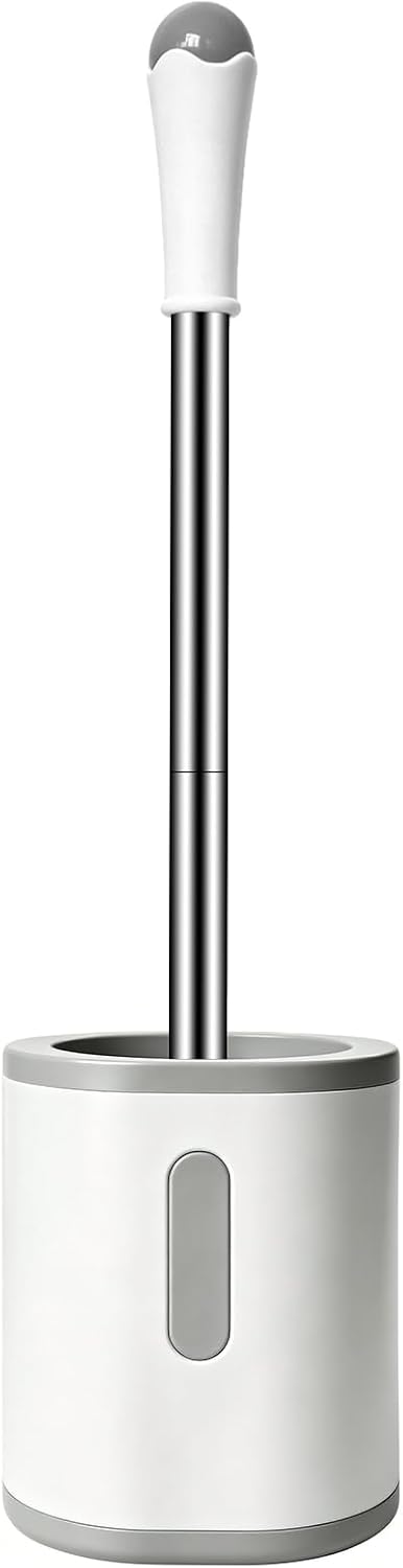 AONEZ Compact Toilet Brush & Holder, Stainless Steel Handle, Space Saving for Storage, Deep Cleaning, Drip-Proof, Easy to Assemble, Nylon Bristles, White & Grey