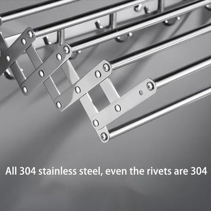 Stainless Steel Wall Mounted Towel Rack Clothes Airer Laundry Drying Rack Folding Adjustable Collapsible Space Saver Dryer Bath Towel Rail Bar with Hooks(Size:60cm)
