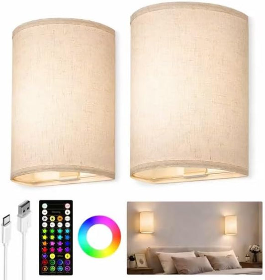EZVALO Battery Operated Wall Sconce, Rechargeable Wall Sconces Set of Two with Remote, 3 Color & 80 RGB Wireless Wall Mount Light, Dimmable, Timer, Fabric Linen Shade Decor for Bedroom, Living Room